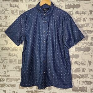 Banana Republic Mens Shirt Size L Button Up Navy Dot Print Short Sleeve Slim Fit